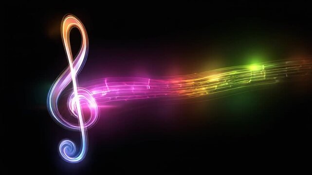 Glowing treble clef with musical notes on staff, vibrant rainbow colors against dark background
