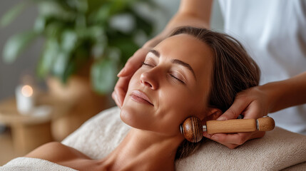 Naklejka premium Close-up of a relaxed woman receiving a facial massage with a wooden roller tool for maderotherapy and skin care treatment in a spa salon, defocused background, natural skincare