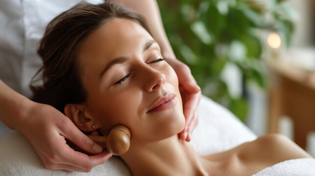 Close-up of a relaxed woman receiving a facial massage with a wooden roller tool for maderotherapy and skin care treatment in a spa salon, defocused background, natural skincare