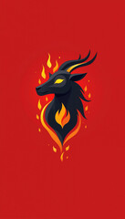 Powerful fire goat symbol illustrated with striking flames on vibrant red background. Year of the fire goat represented by fierce black goat with glowing eyes and dynamic shape,