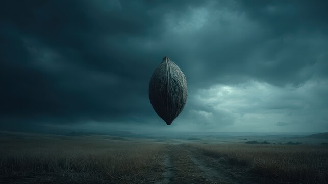 Surreal giant seed pod floating in dramatic stormy teal sky over flat landscape concept art