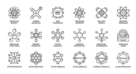 Fototapeta premium Set of Molecular Structure Icons, Scientific Research and Biotechnology Symbols, Vector Illustration for Medical and Chemical Concepts