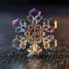 Fototapeta premium Macro photography of snowflake crystal with vivid rainbow iridescent color on warm brown background