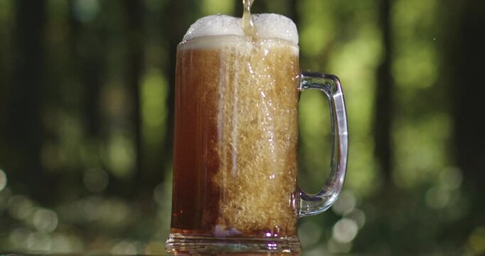 Golden craft beer poured on green outdoors. Lager beer with foam in glass mug. Beer splash on nature background. Pouring amber ale in nature. Brewed beer with bubbles and foam. Craft brewery lager.