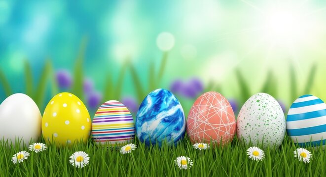 A colorful Easter scene with decorated eggs in a grassy field with flowers