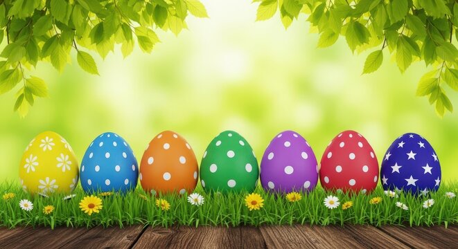Colorful Easter eggs on a wooden table in a lush green garden with vibrant flowers and leaves
