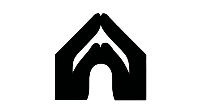 Abstract silhouette of hands pressed together, forming a house or shelter, symbolizing home, protection, care, community, and welcome.