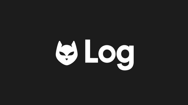 Stylized white cat face icon with 'Log' text on a dark gray minimalist background, vector illustration and graphic element