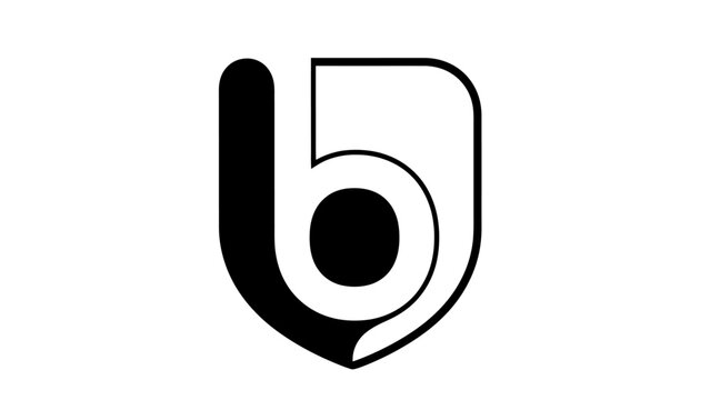Stylized lowercase letter B in a modern shield crest graphic design, black and white abstract initial logo concept