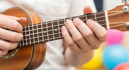 Obraz premium Detail shot playing ukulele and fingerboard with colorful balloons