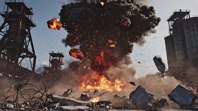 A massive explosion occurs in a war-torn city with destruction and debris scattered everywhere, and a large cloud of smoke and flames rising in the background, possibly for use in a news article