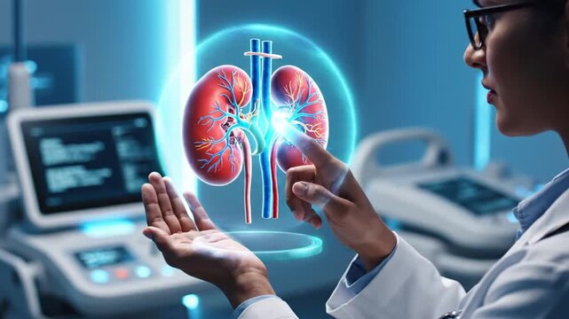 Doctor interacting with holographic kidney model in modern medical facility