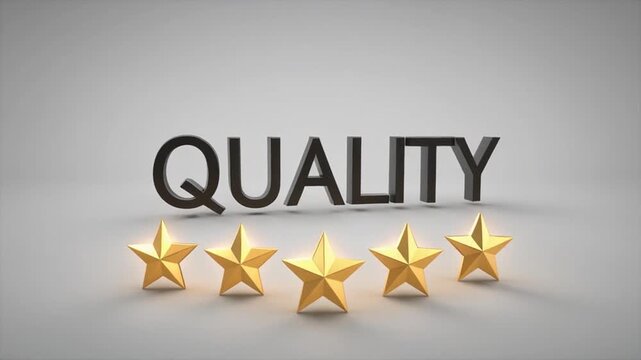 Five gold stars rating symbol with 'QUALITY' text on gray background for excellence review