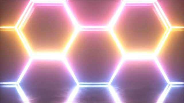 Glowing hexagonal neon light installation. Reflective surface, multi-colored geometric pattern