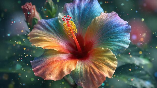 A vibrant, detailed hibiscus flower with a rainbow gradient, against a dark blue background