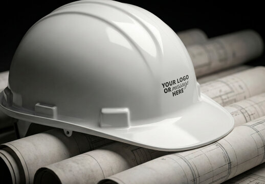 Construction Helmet on Blueprint Planes Mockup