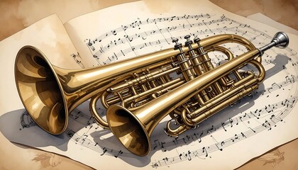 Obraz premium Golden Trumpets Resting on Musical Sheet Paper.