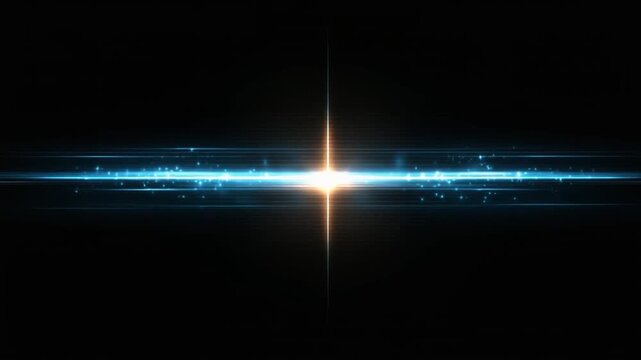 A celestial scene features a bright, central star radiating light. Blue beams emanate, creating a cosmic effect