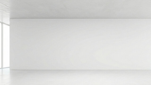 Wide empty bright room with long white wall and white concrete floor