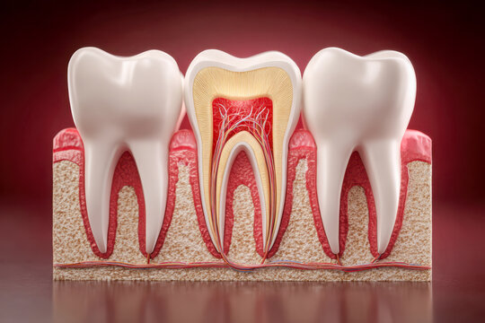 Detailed cross-section illustration of healthy human molar teeth showing enamel, dentin, nerves, blood vessels, and gum tissue layers for dental education and anatom