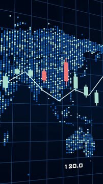 Global stock market crash depicted by falling candles on a digital world map in vertical video.