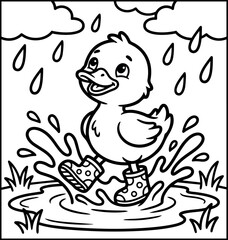 Fototapeta premium Cute duckling wearing spotted rain boots happily jumping in rainy puddle with splash droplets and cloudy sky outline vector art