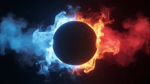 Solar eclipse with colorful smoke and flames isolated on black backgro