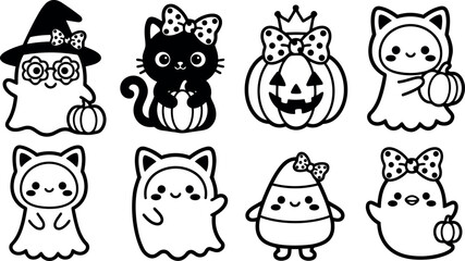 Fototapeta premium Cute halloween ghost characters with pumpkin and bow accessories in kawaii style vector set of eight black and white illustrations