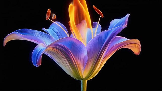 A vibrant, close-up image of a lily with color-gradient petals and bright-orange stamen