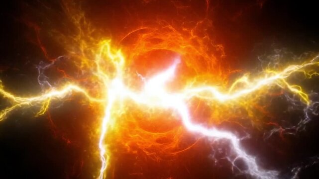 Vibrant lightning bolts radiate from a central point in a dark background with shades of orange and yellow