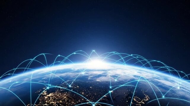 Globe with glowing blue network connections representing global communication and technology at night from space
