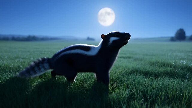 A whimsical skunk under the moonlight, it showcases the skunk bathed in a pale, serene glow against the nocturnal panorama.