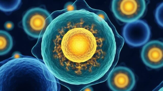 Microscopic view of a cell with a large yellow nucleus and blue membrane surrounded by other cells on a dark background