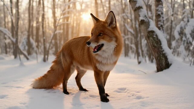 A majestic red fox explores a snow-covered woodland under the warm glow of winter sunshine.