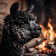 Fototapeta premium Detailed close-up portrait of a dark-furred alpaca with a focused gaze, illuminated by soft firelight.