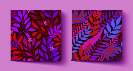 Seamless vector tropical leaf patterns set in rich jewel tones with red, purple, blue foliage. Ideal for wallpaper, textile, fabric, wrapping paper, packaging, stationery, home decor, surface design.