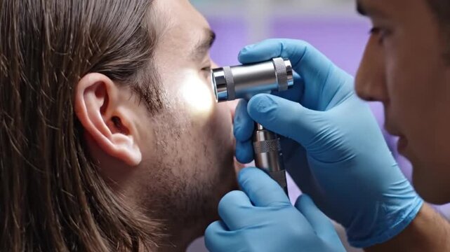 A doctor in blue gloves examining a patients ear with an otoscope in a medical setting with a blurred purple background