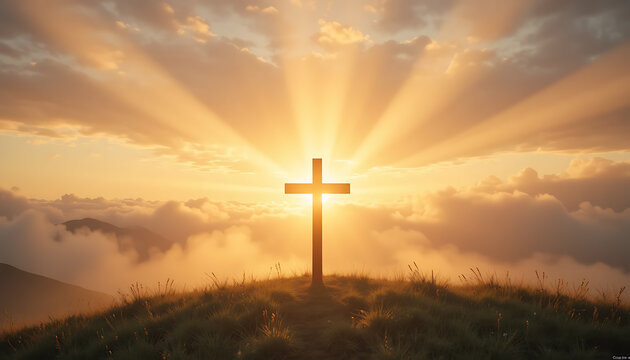 A solitary wooden cross stands on a grassy hill at sunrise, bathed in golden light rays breaking through clouds. Ideal for religious, spiritual, or inspirational content in marketing, and education