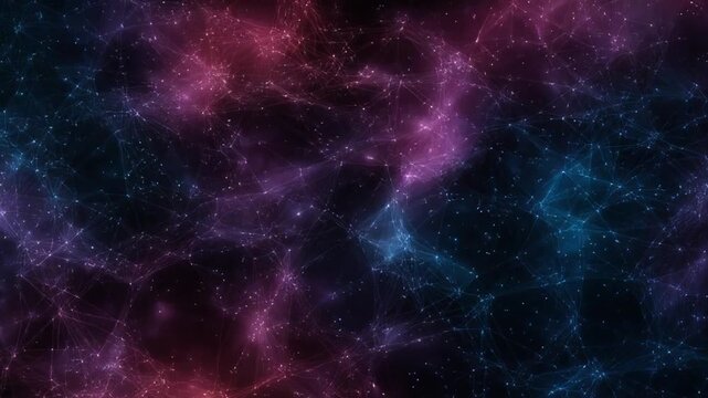 A vibrant abstract composition with intricate network patterns and a dark, multi-colored celestial feel