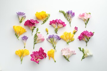 Beautiful freesia flowers on white background, flat lay