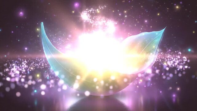 A vibrant, abstract leaf shimmers amidst a starry galaxy, creating an ethereal and mesmerizing visual