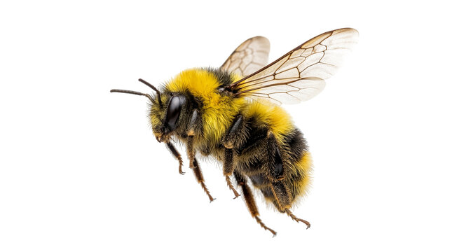 Fluffy yellow and black bumblebee in mid-flight, captured with intricate detail, isolated PNG on transparent background, perfect for nature and insect designs