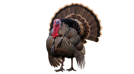 Wild turkey gobbler with fanned tail, colorful head, isolated on transparent background, autumn Thanksgiving PNG © Hans