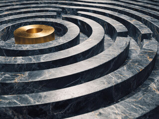 Naklejka premium Elegant marble labyrinth with concentric circular pathways featuring a striking golden centerpiece symbolizing success and achievement in a modern maze design