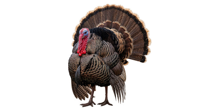 Wild turkey gobbler with fanned tail, colorful head, isolated on transparent background, autumn Thanksgiving PNG