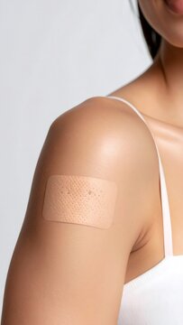 Woman wearing contraceptive patch on arm for birth control and family planning