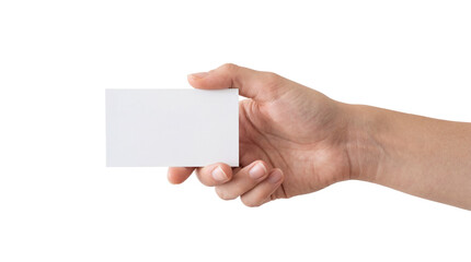 Obraz premium Human hand holding a blank white business card or credit card, isolated on transparent background, perfect for mockup designs and presentations PNG