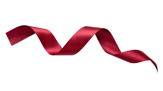 Elegant red satin ribbon, gracefully flowing and curled, isolated PNG on transparent background for festive decoration and gift wrapping designs