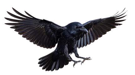 Fototapeta premium Majestic black crow with powerful wings spread wide, captured mid-flight, isolated on transparent background, a symbol of mystery and intelligence PNG