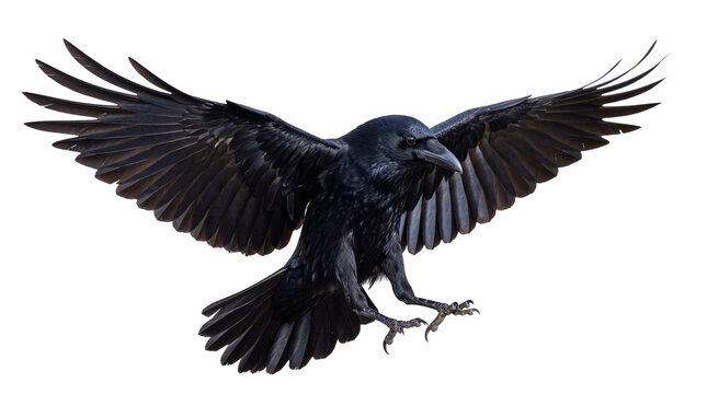 Majestic black crow with powerful wings spread wide, captured mid-flight, isolated on transparent background, a symbol of mystery and intelligence PNG
